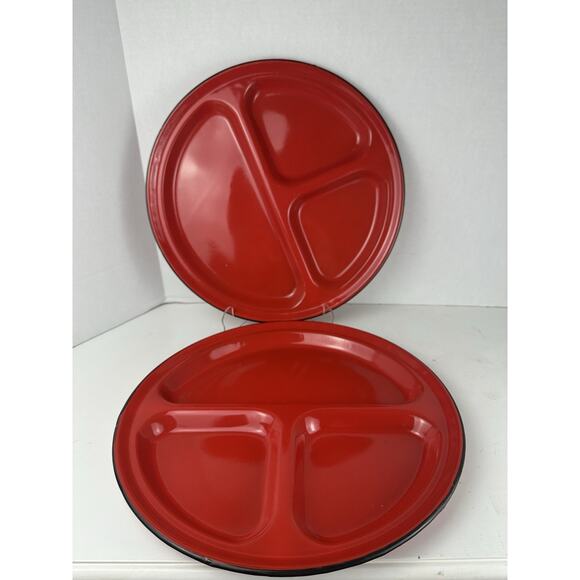 VINTAGE Set Of 2 Red Enamel 12" Dinner Plates Retro - Picture 1 of 4